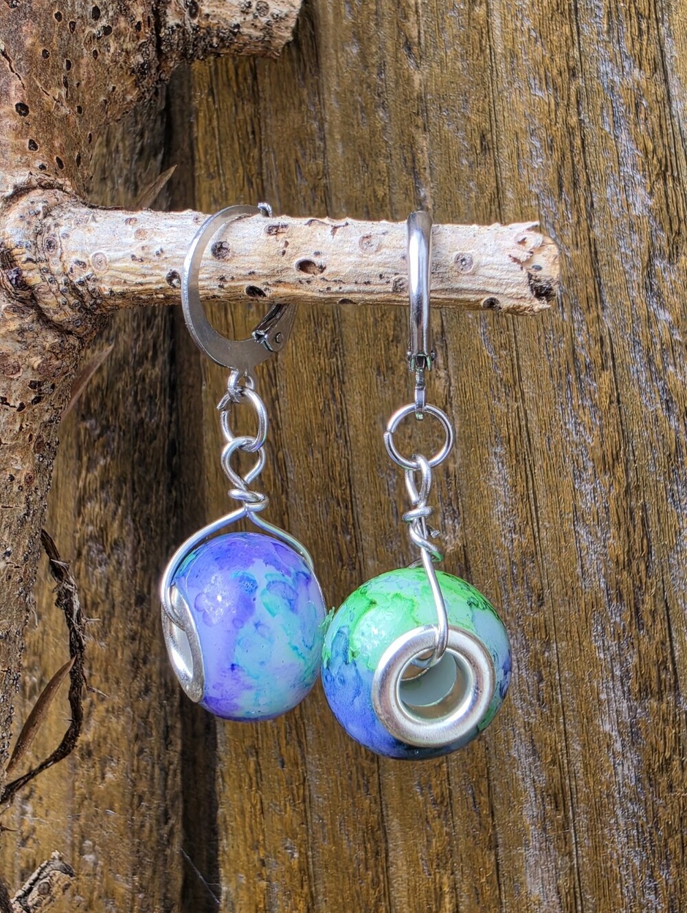 Blue Purple Green Glass Bead Earrings Stainless Steel Leverback